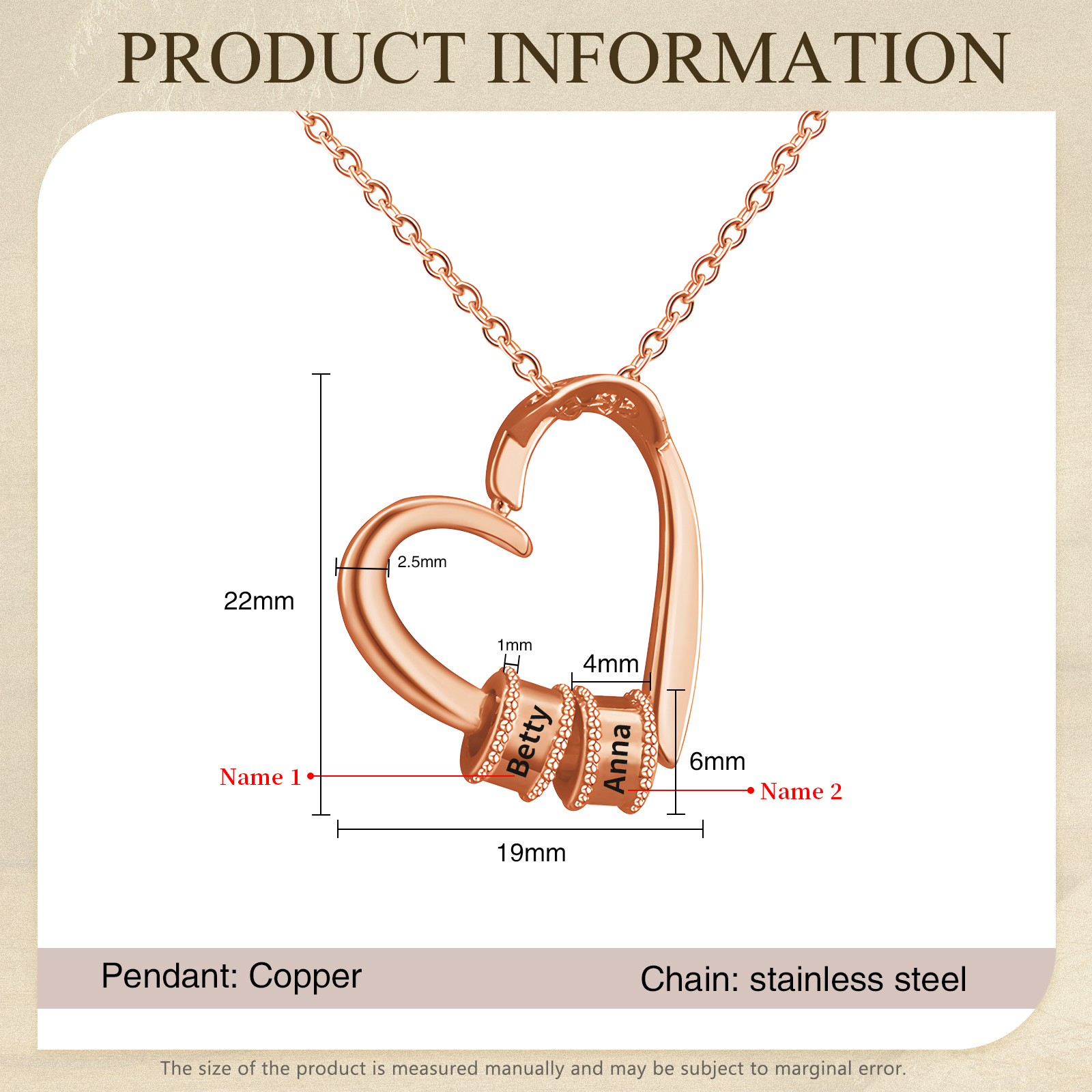 Collar colgante de corazón con 2 nombres personalizados en 2 aros-Jessemade ES