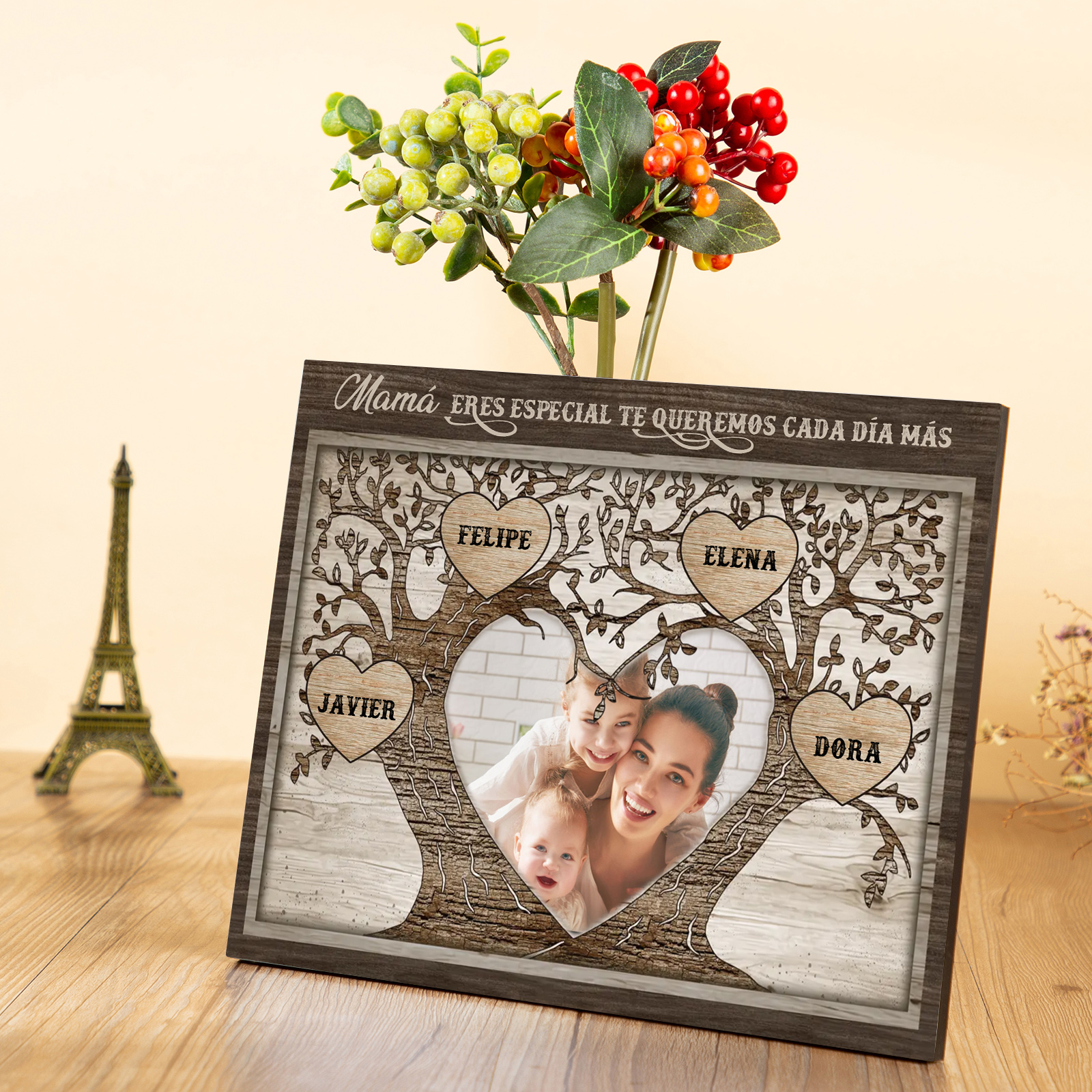 A familia - Lámina 2-9 nombres y 1 foto personalizados marco de madera árbol de la vida-Jessemade ES