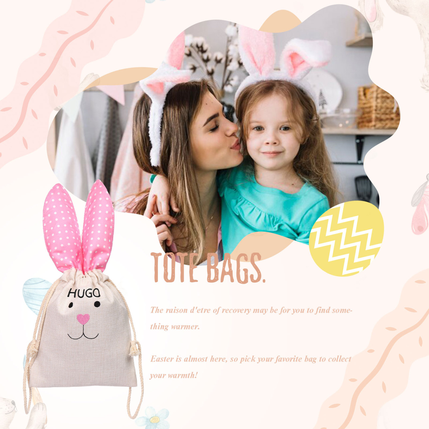 Pascua-Bolsa de conejo con 1 nombre personalizado-Jessemade ES