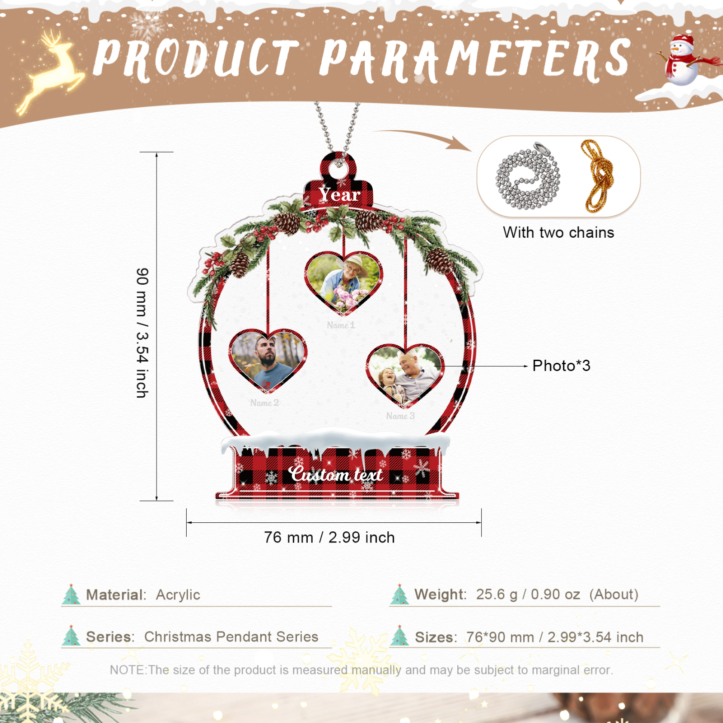 Navidad-Ornamento navideño de acrílico bola de cristal con 3 nombres, 3 fotos y 1 texto personalizados-Jessemade ES