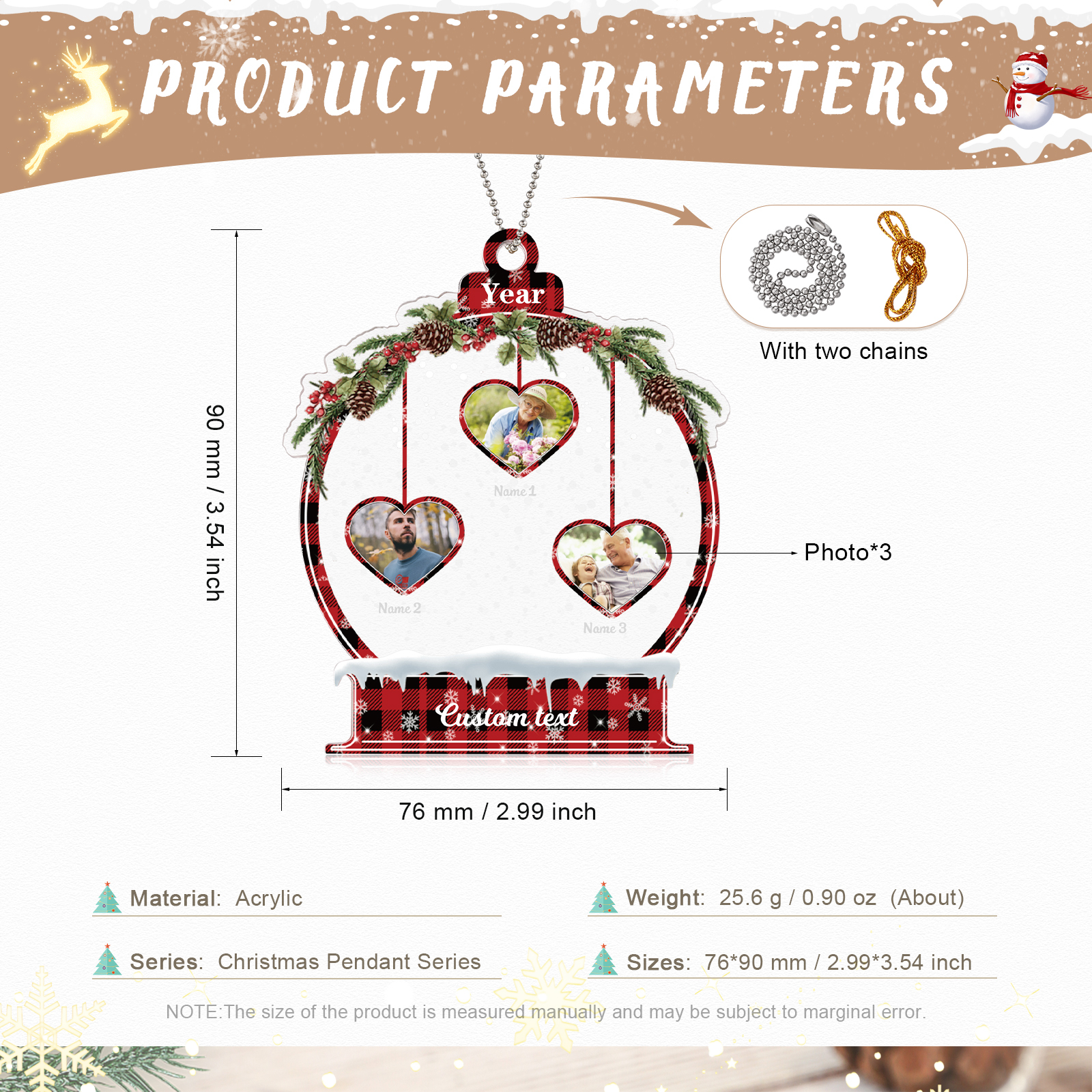 Navidad-Ornamento navideño de acrílico bola de cristal con 3 nombres, 3 fotos y 1 texto personalizados-Jessemade ES