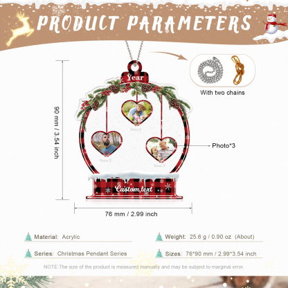 Navidad-Ornamento navideño de acrílico bola de cristal con 3 nombres, 3 fotos y 1 texto personalizados-Jessemade ES
