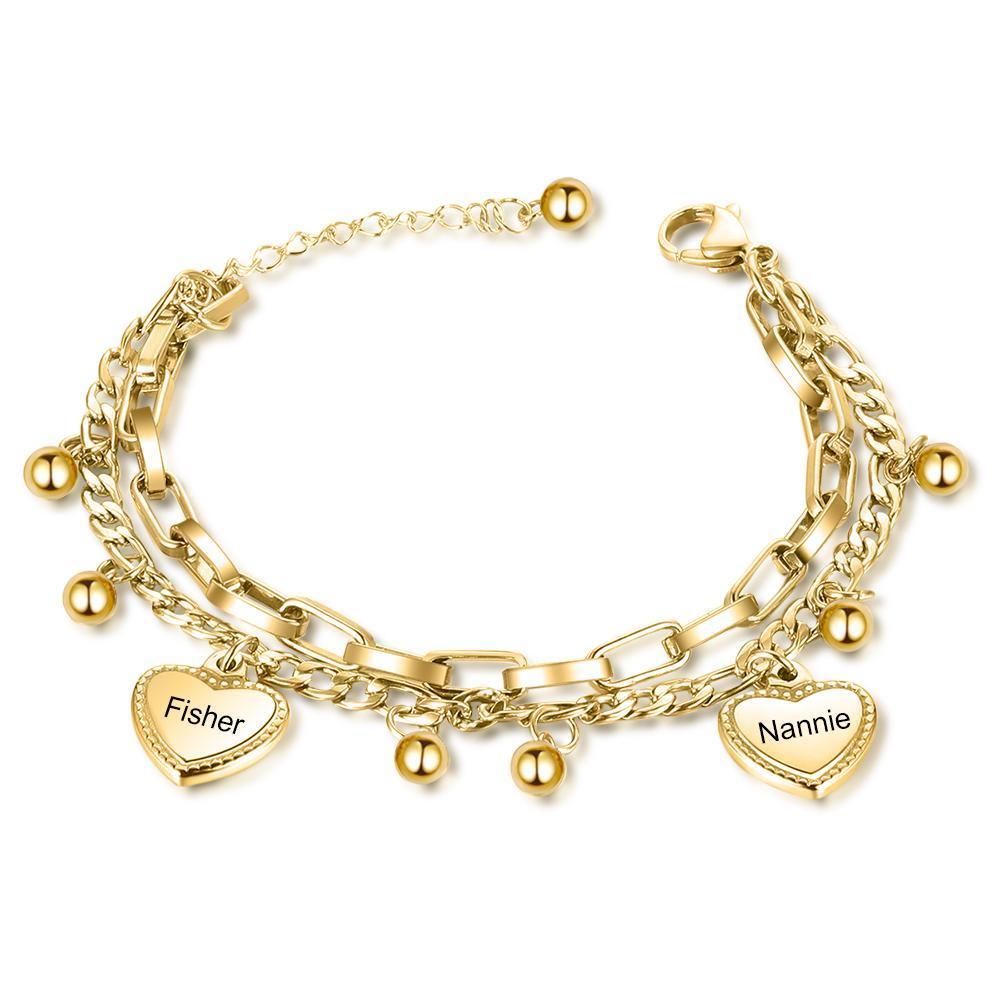 Pulsera de dobles cadenas con dije de corazón personalizada con 2 nombres-Jessemade ES