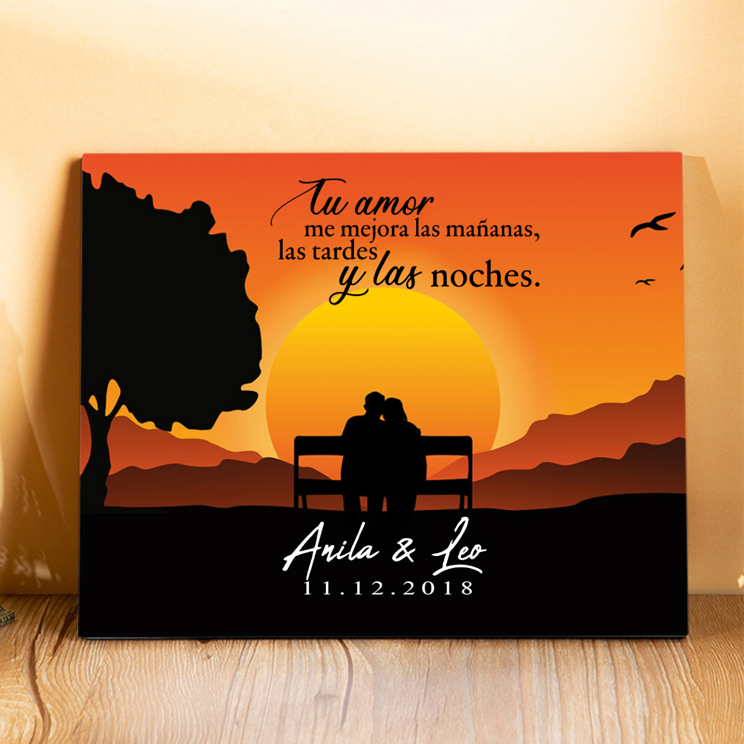 Lámina ocaso marco de madera para pareja personalizado con 2 nombres y fecha-Jessemade ES