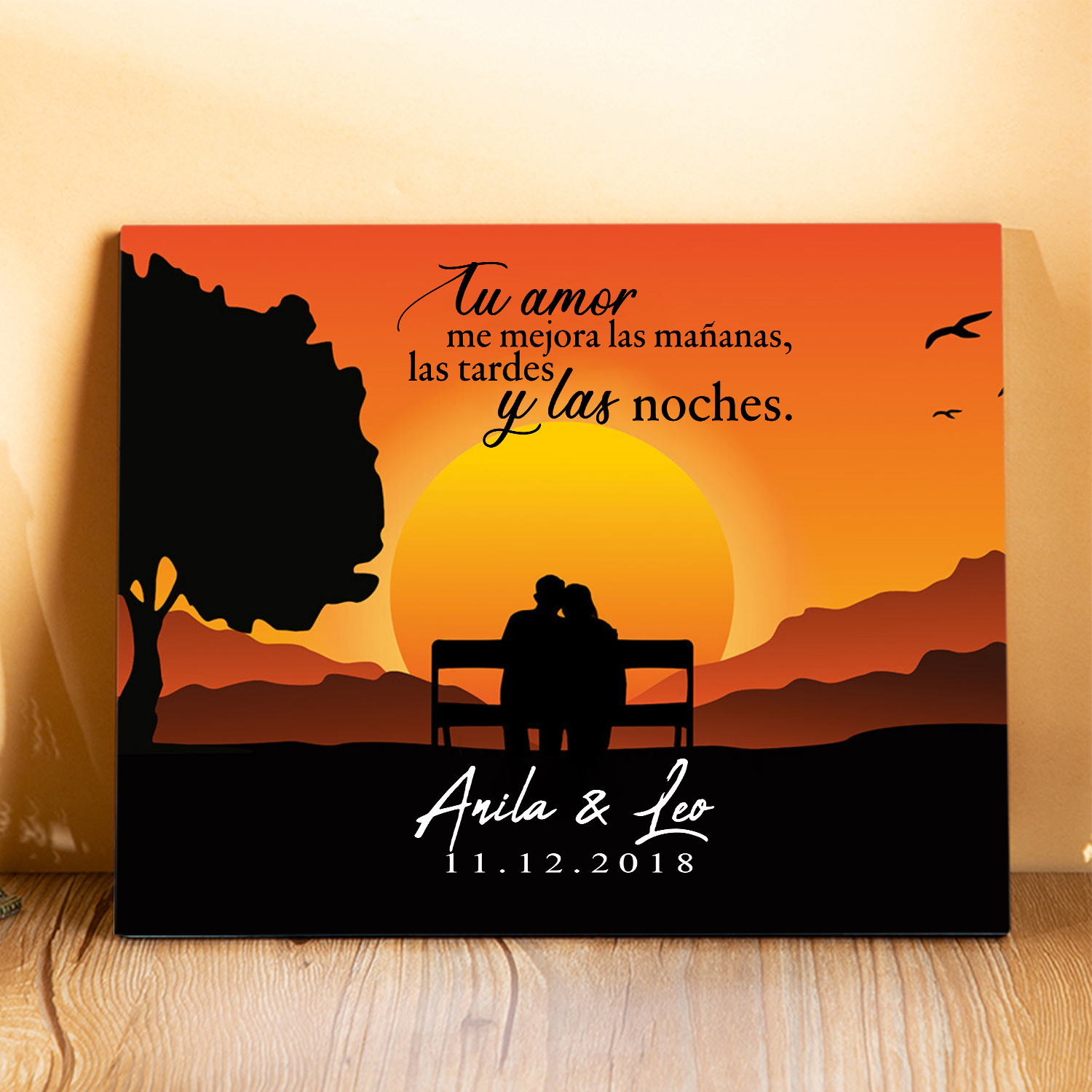 Lámina ocaso marco de madera para pareja personalizado con 2 nombres y fecha-Jessemade ES