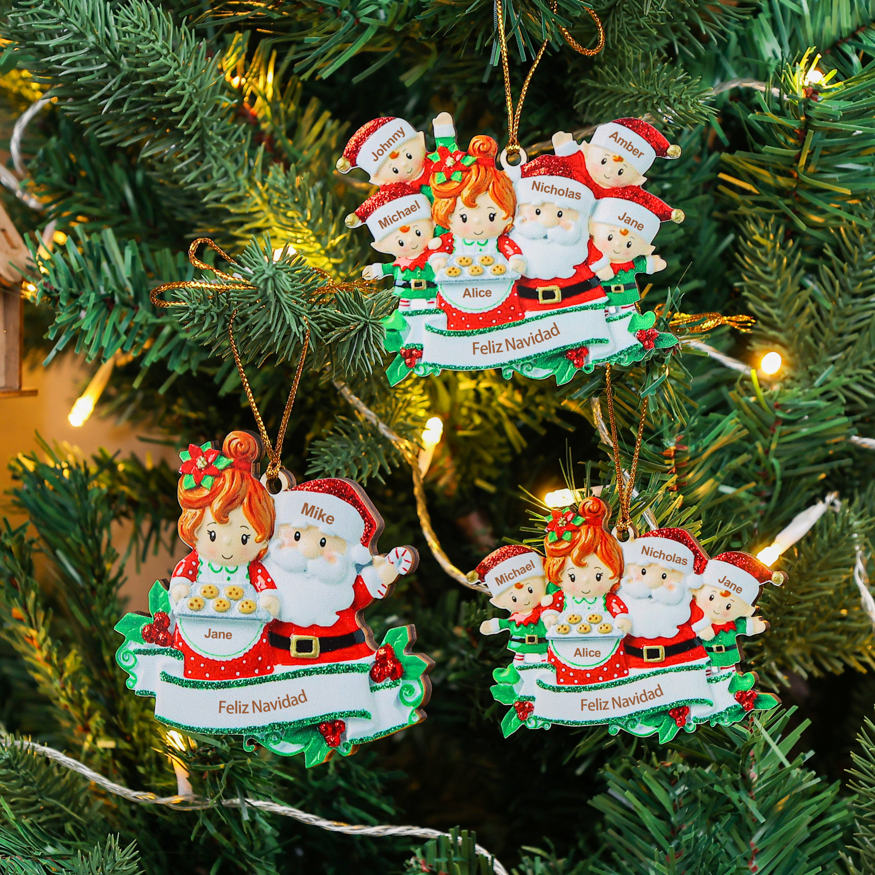 Navidad-Ornamentos Navideños de Madera Mamá y Papá Noel 5 Nombres Personalizados con Texto