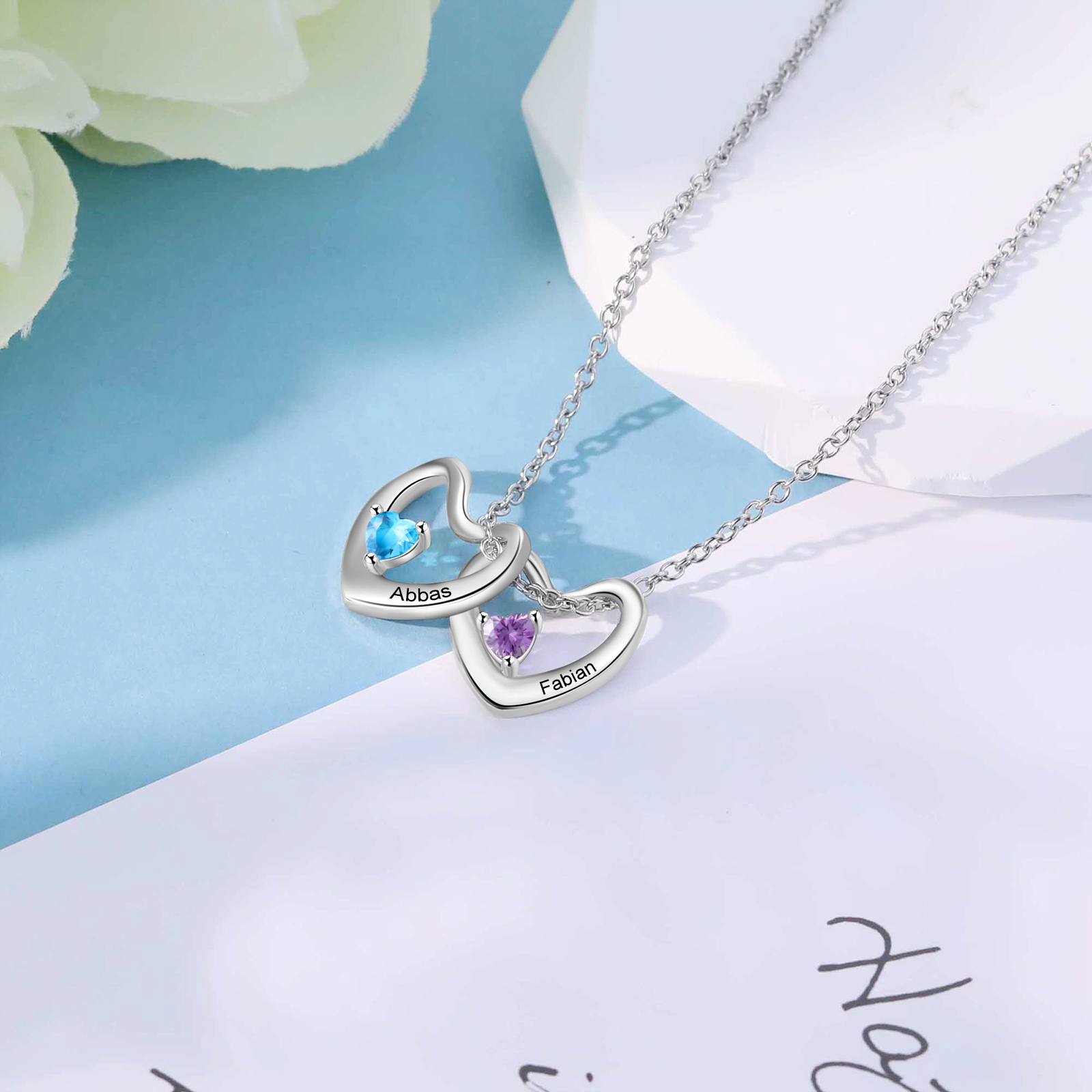 Collar colgante de corazones con 2 nombres y 2 piedras de nacimiento personalizados-Jessemade ES