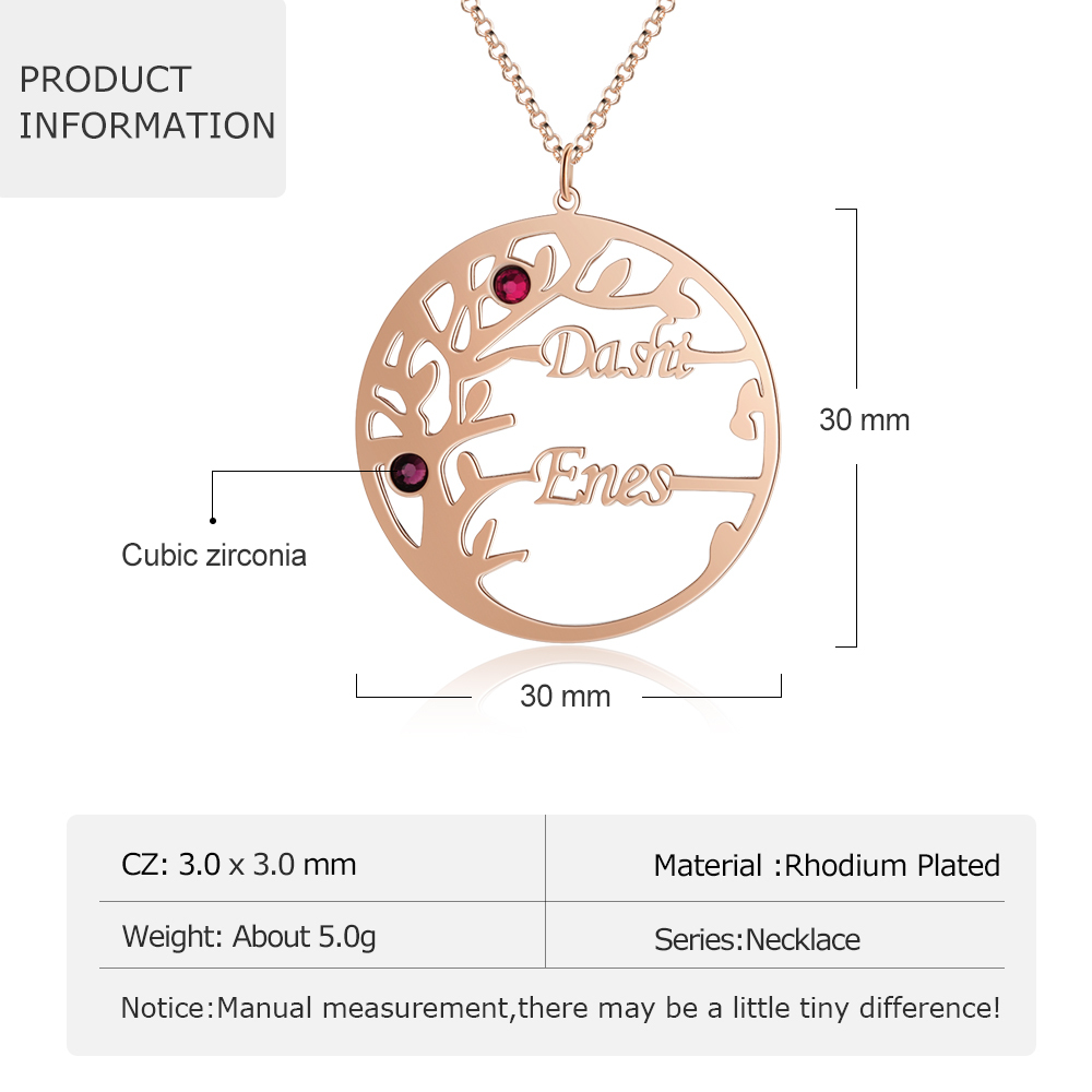Collar de plata 925 Árbol de la Vida Árbol Genealógico 2 nombres y 2 piedras de nacimiento-Jessemade ES