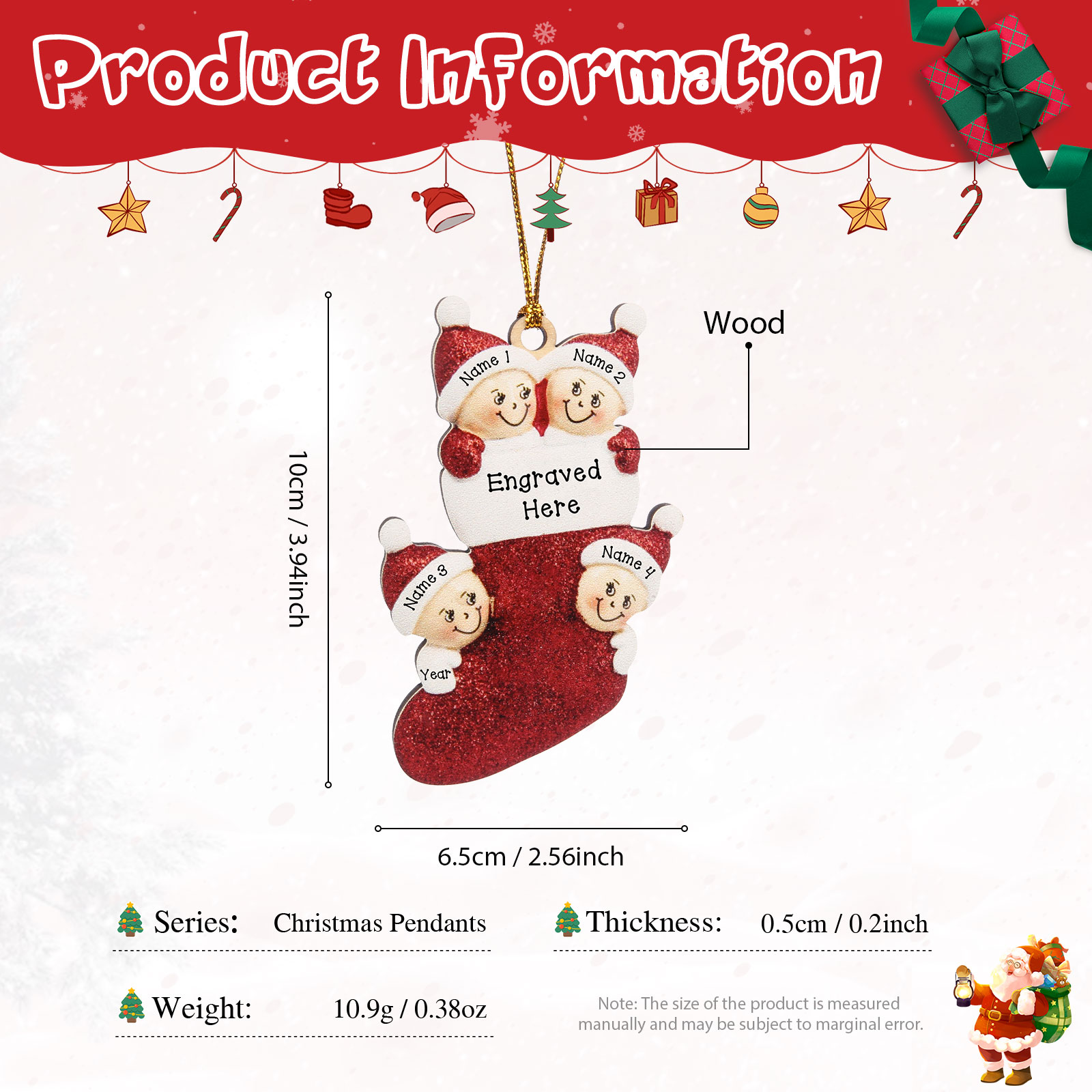 Navidad-Ornamentos Navideños de Madera Calcetín 4 Nombres con Texto Personalizados