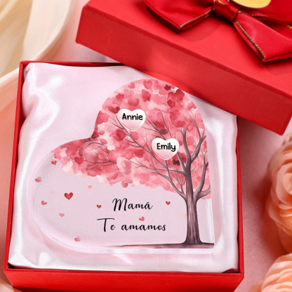 A mi mamá/abuela-Placa de acrílico "Árbol" en forma de corazón 2 nombres y 1 texto personalizados-Jessemade ES
