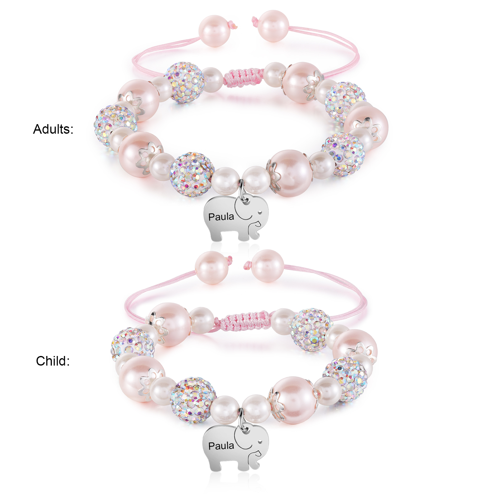 Unidad de 2 pulseras de perlas para mamá e hija con dije personalizado de 2 nombres