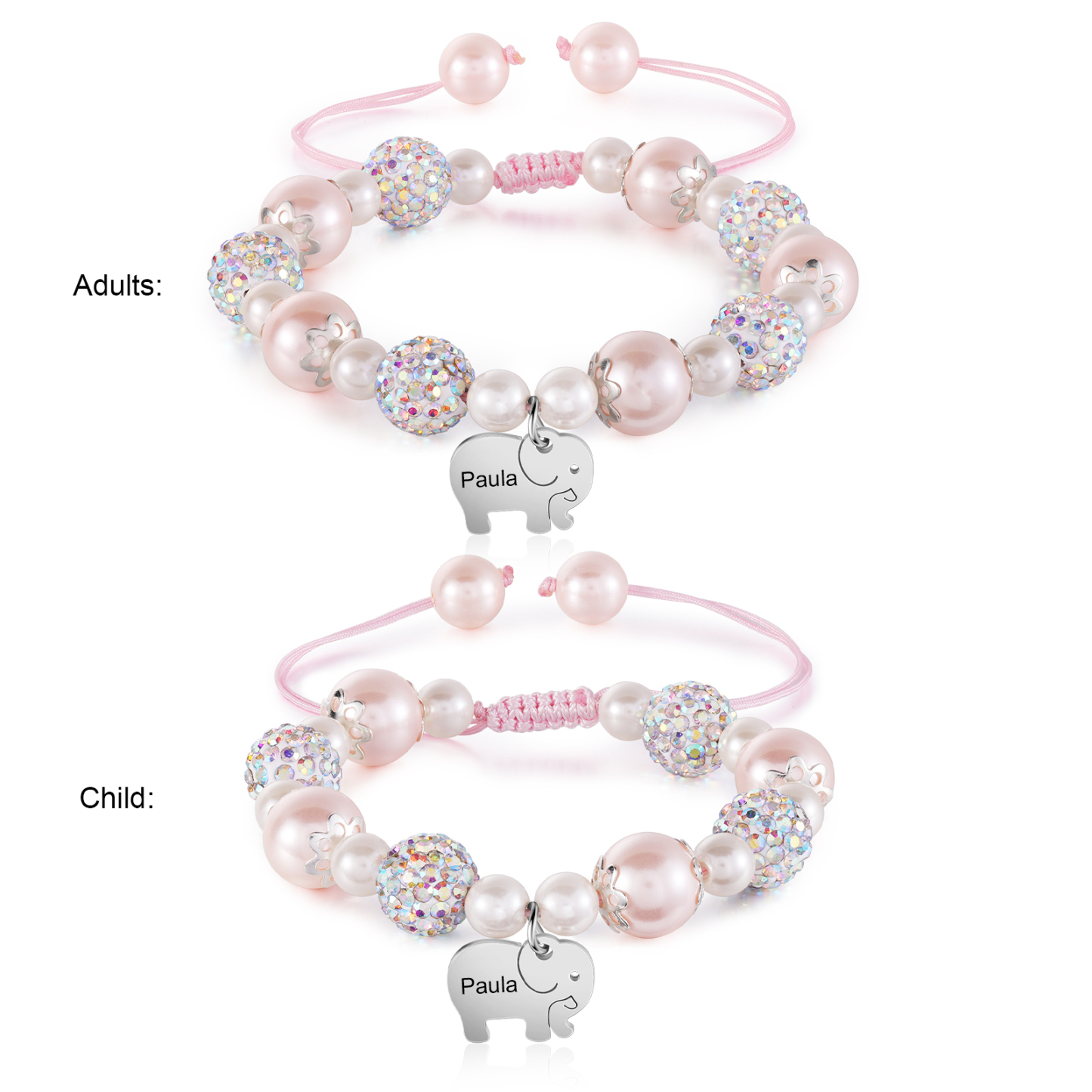 Unidad de 2 pulseras de perlas para mamá e hija con dije personalizado de 2 nombres