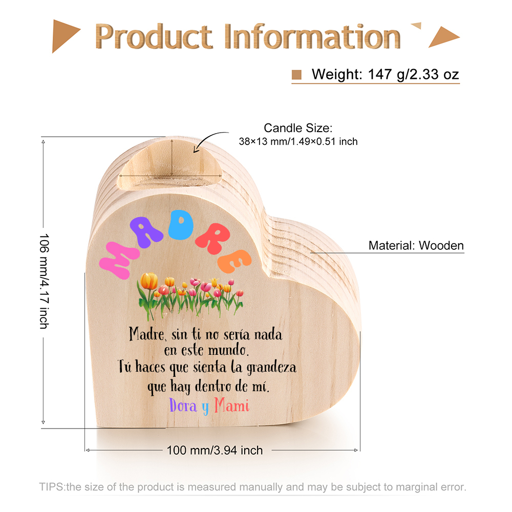 A mi mamá-Candelero con texto personalizado en forma de corazón de madera sin candela-Jessemade ES