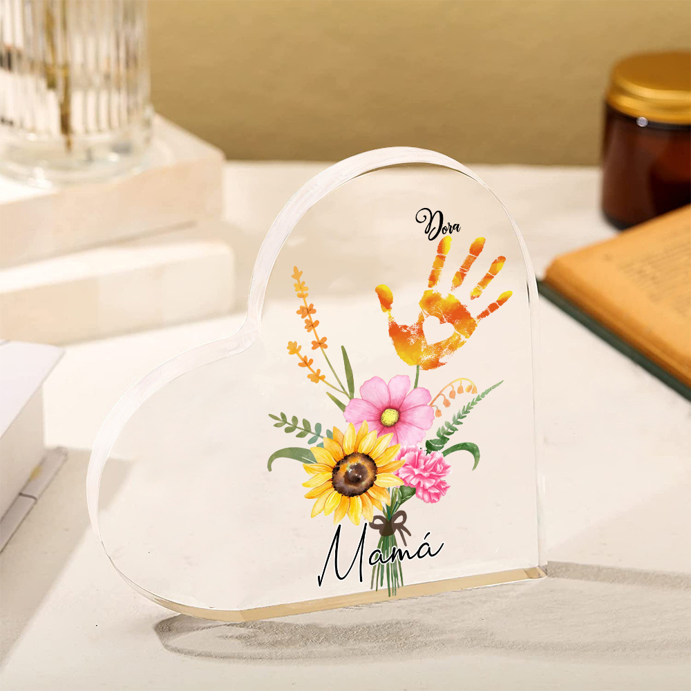 A mi mamá-Placa de acrílico en forma de corazón flor y manitas 1-5 nombres personalizados-Jessemade ES