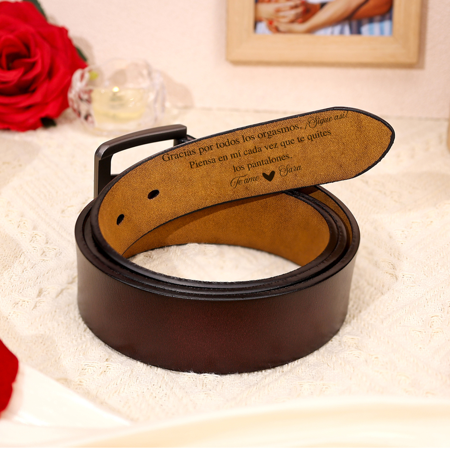 Cinturón de cuero con frases amorosos para hombre con 1 nombre y 1 texto personalizados regalo para pareja | Jessemade