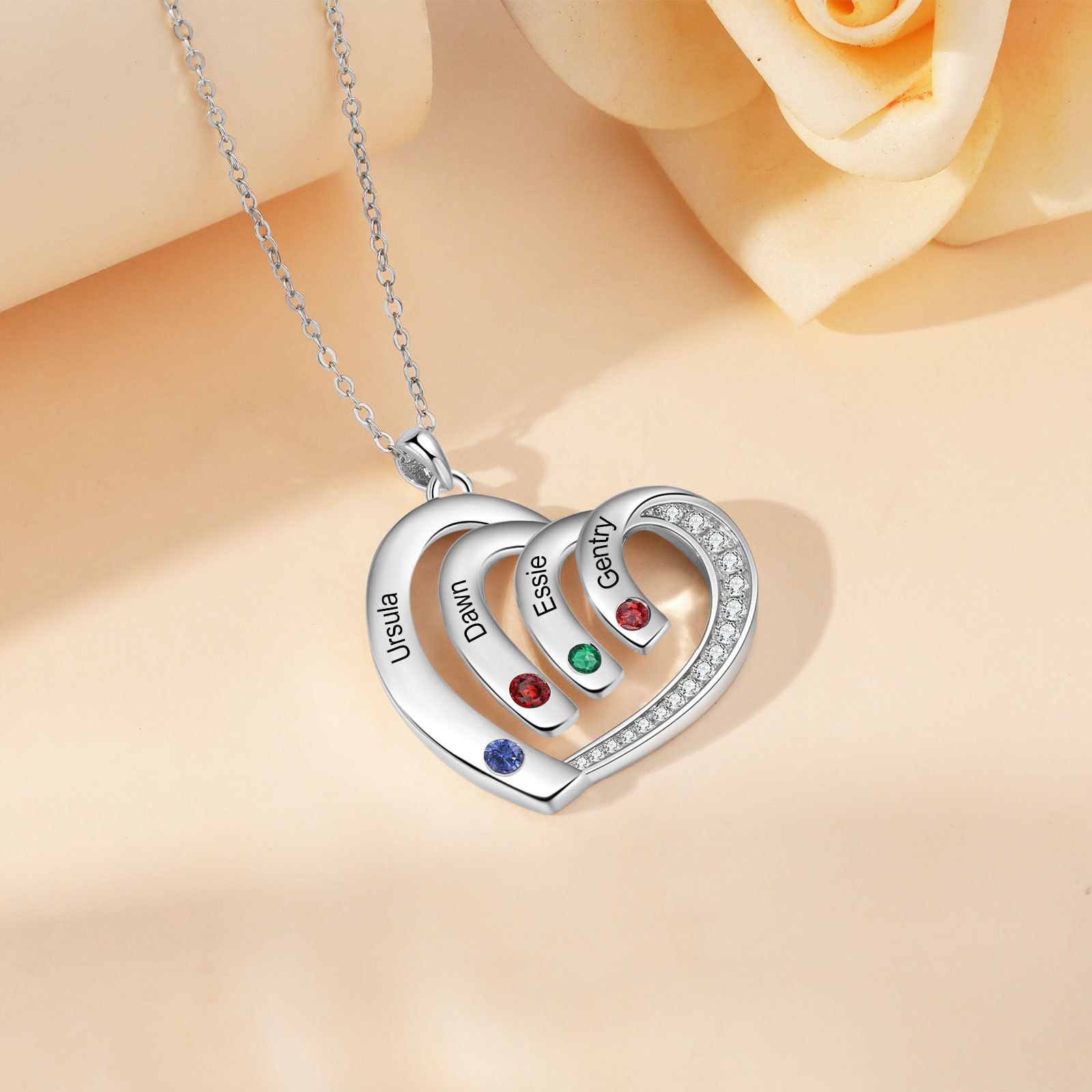 Collar en corazón con 2-5 nombres personalizados y 2-5 piedras de nacimiento-Jessemade ES