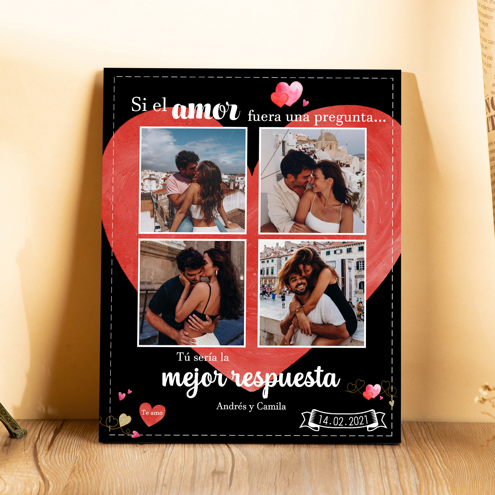 Lámina marco de madera para pareja 2 nombres personalizados con fecha y 4 fotos-Jessemade ES