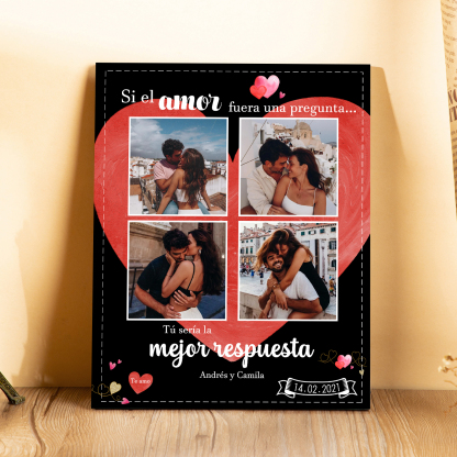 Lámina marco de madera para pareja 2 nombres personalizados con fecha y 4 fotos-Jessemade ES