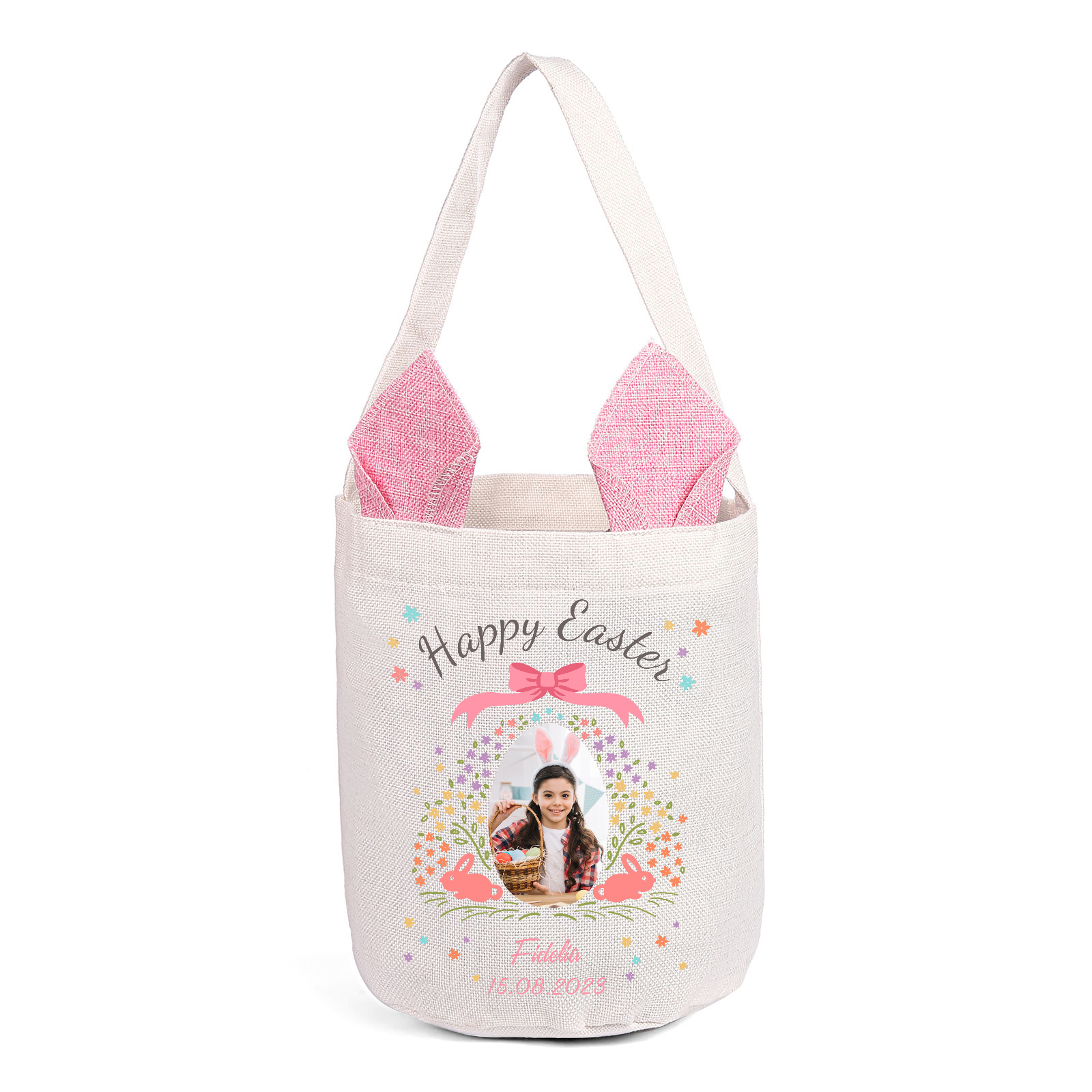 Pascua-Bolsa de conejo con 1 nombre, 1 texto, 1 fecha y 1 foto personalizados-Jessemade ES