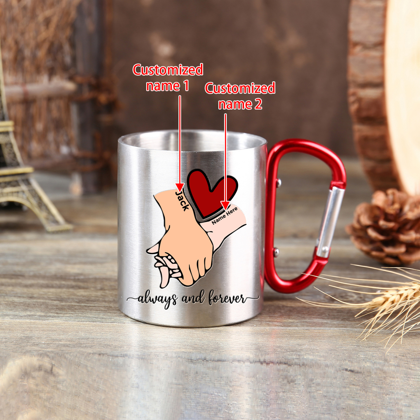 Taza de acero inoxidable actividad al aire libre para pareja manos cogidas 2 nombres personalizados-Jessemade ES
