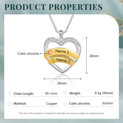 Collar de corazón con 2 nombres y piedras de nacimiento personalizados-Jessemade ES