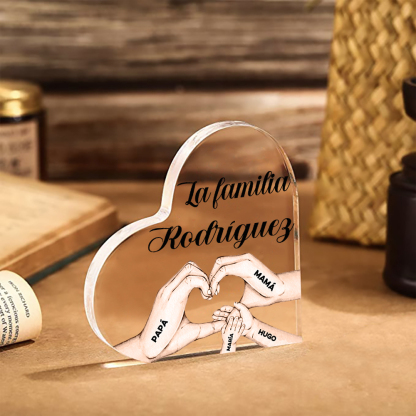 Placa de acrílico en forma de corazón mano a mano con 1 texto y 4 nombres personalizados-Jessemade ES