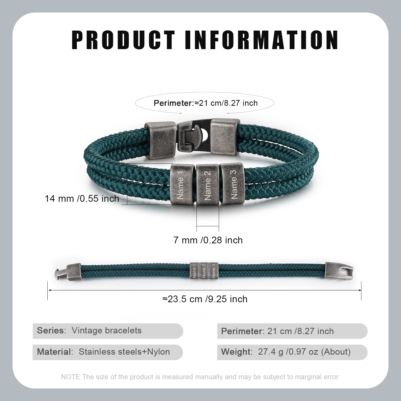 2-4 Nombres Personalizados Pulsera de Cuerda Verde Aros de Acero Inoxidable-Jessemade ES