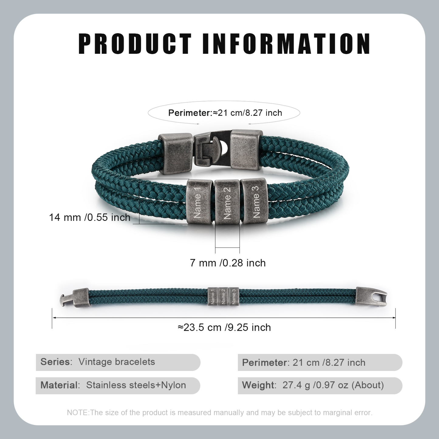 2-4 Nombres Personalizados Pulsera de Cuerda Verde Aros de Acero Inoxidable-Jessemade ES