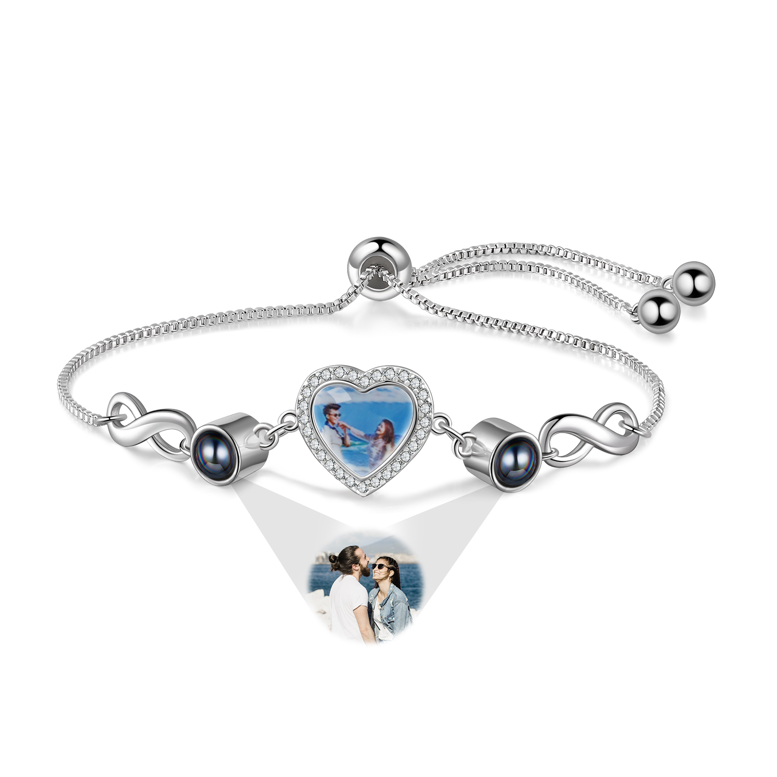 Pulsera con proyección de foto en color y foto en dije de corazón con infinitos, Brazalete de proyección-Jessemade ES