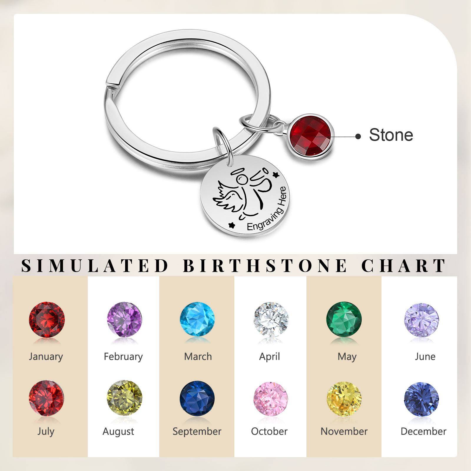 Llavero con colgante de ángel amuleto de guardia personalizado con 1 texto y 1 piedra-Jessemade ES