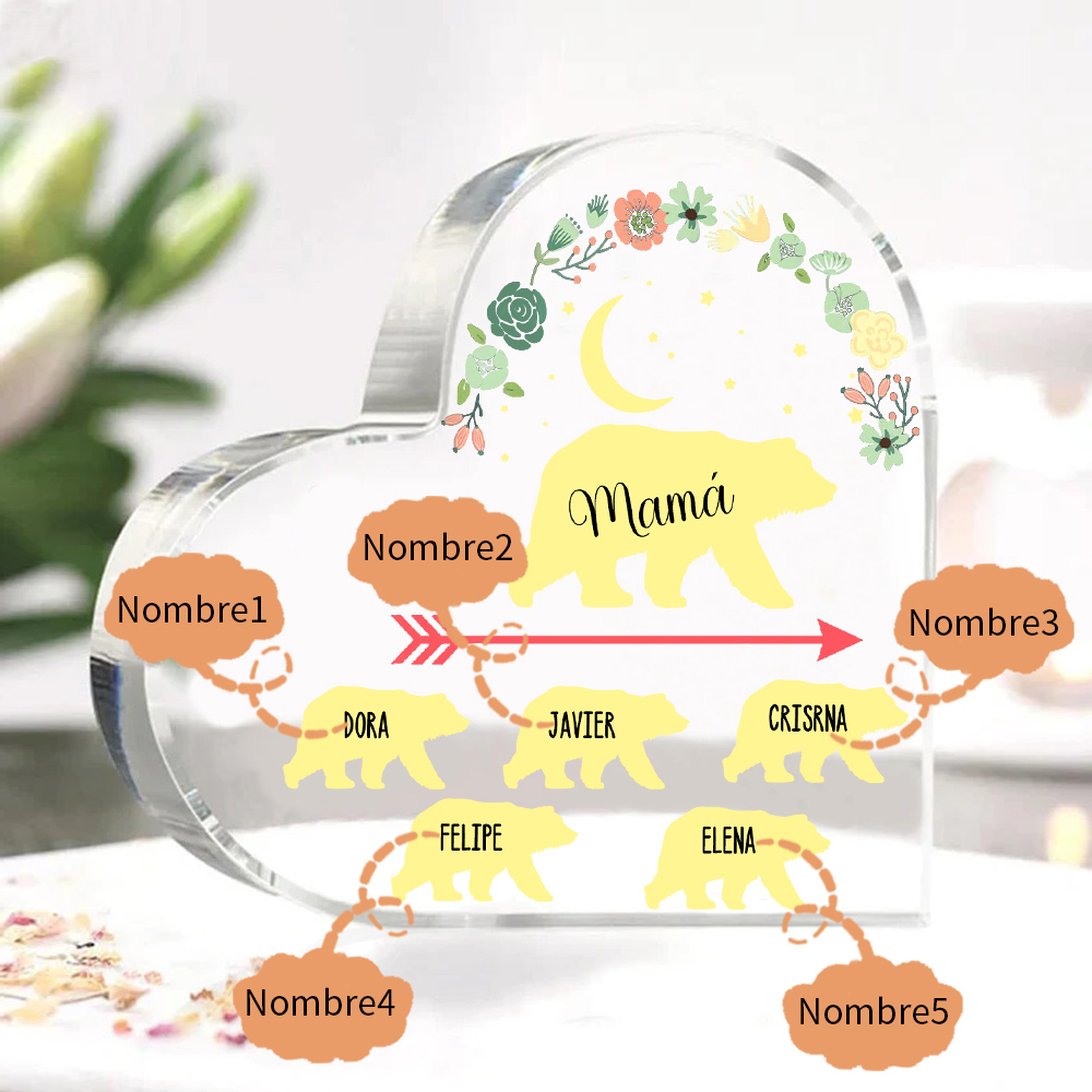 A mi mamá-Placa de acrílico en forma de corazón osos 1-6 nombres personalizados-Jessemade ES