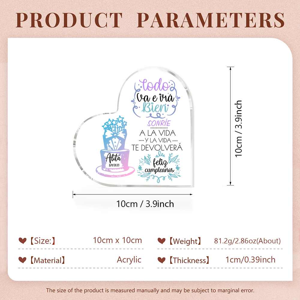 Cumpleaños-Placa de acrílico en forma de corazón con nombre y fecha personalizados-Jessemade ES