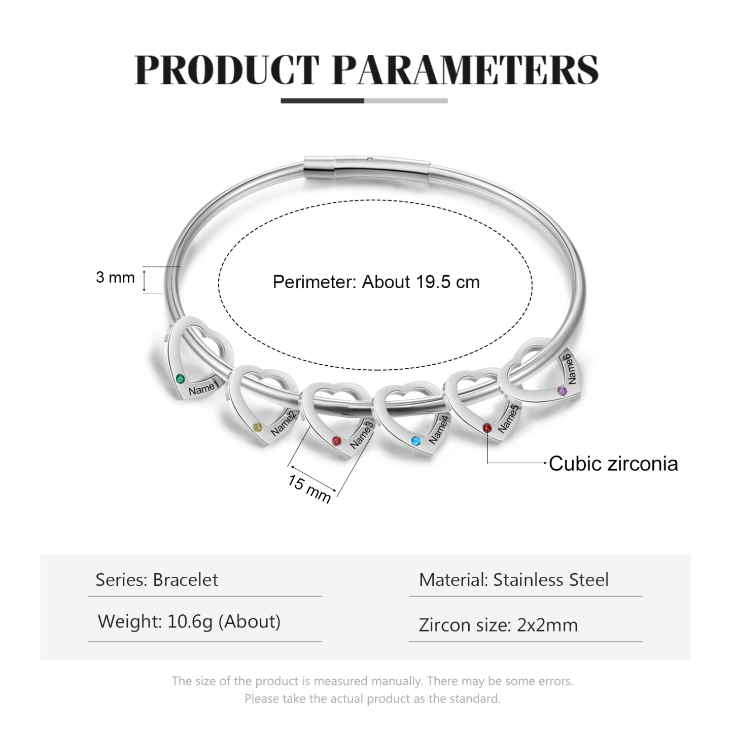 Pulsera con colgantes de corazón personalizados con 6 nombres y 6 piedras de nacimiento | Jessemade