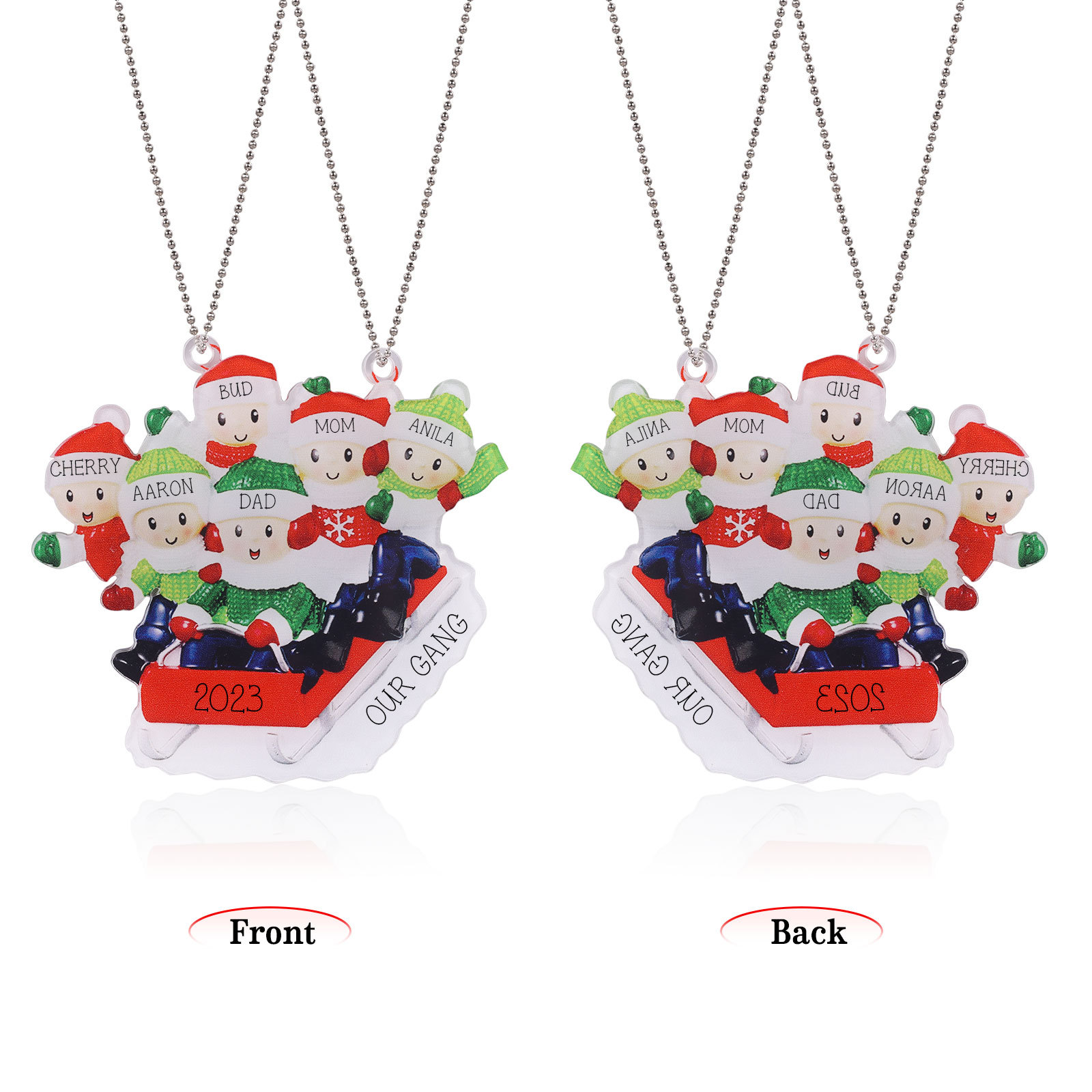 Navidad-Ornamentos Navideños de Acrílico Carro de Esquí 6 Nombres con Texto y Año Personalizados