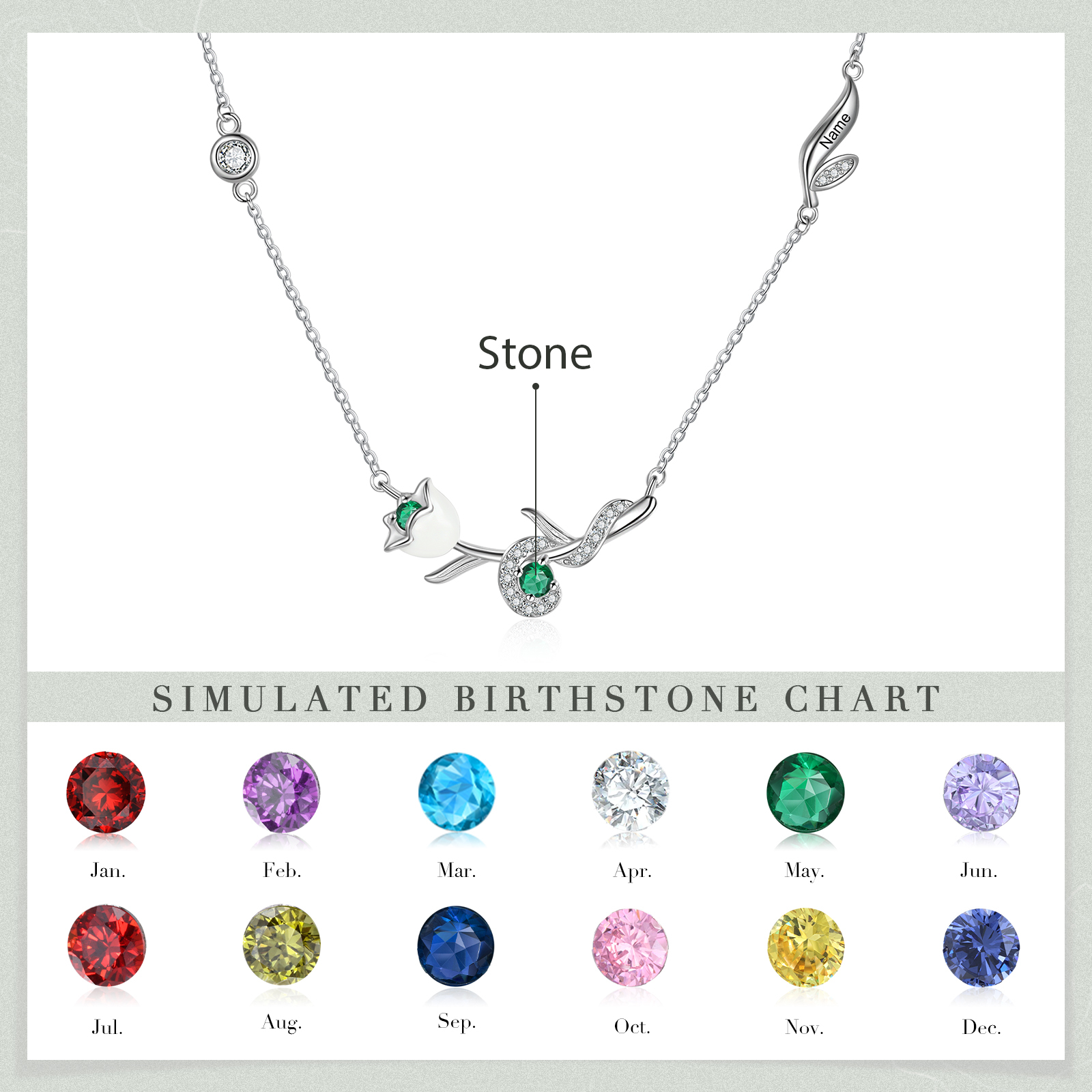 Collar de flor de mayo muguete con nombre personalizado y piedra de nacimiento-Jessemade ES