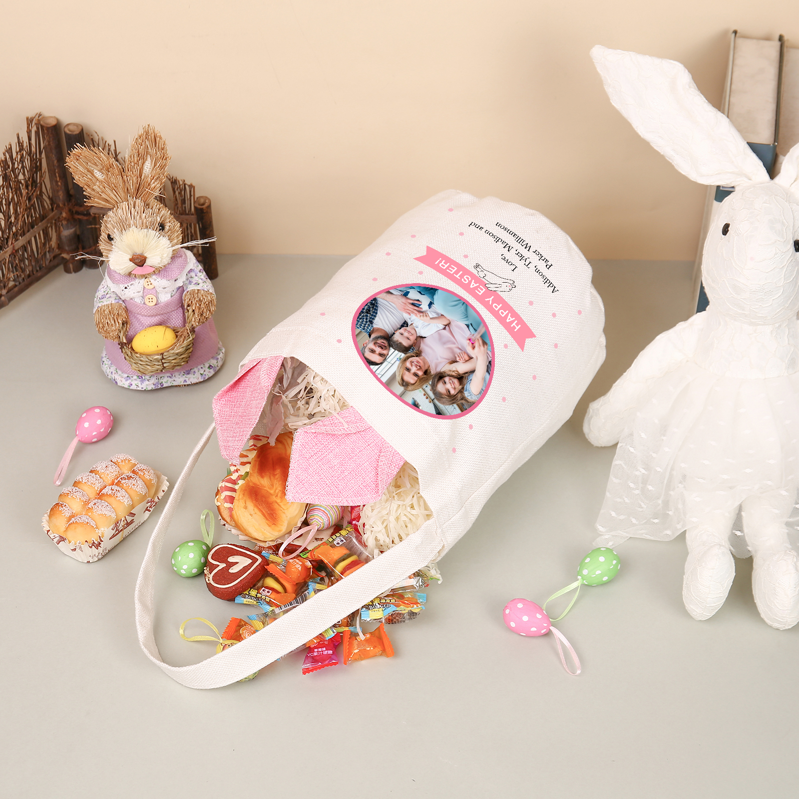 Pascua-Bolsa de conejo con 2 textos y 1 foto personalizados-Jessemade ES
