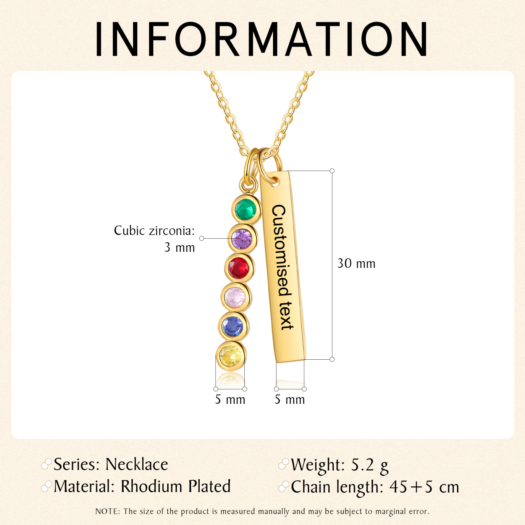 Collar con colgante de placa con 1-6 piedras de nacimiento personalizadas con texto-Jessemade ES