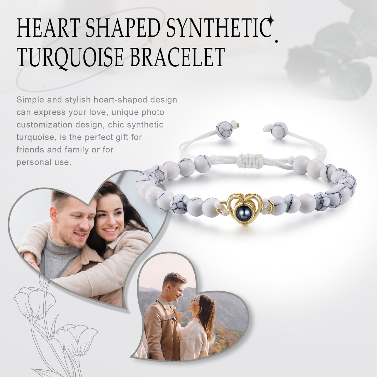 Pulsera de turquesa blanca sintética con proyección de foto en color con dije de corazón pulsera ajustable-Jessemade ES