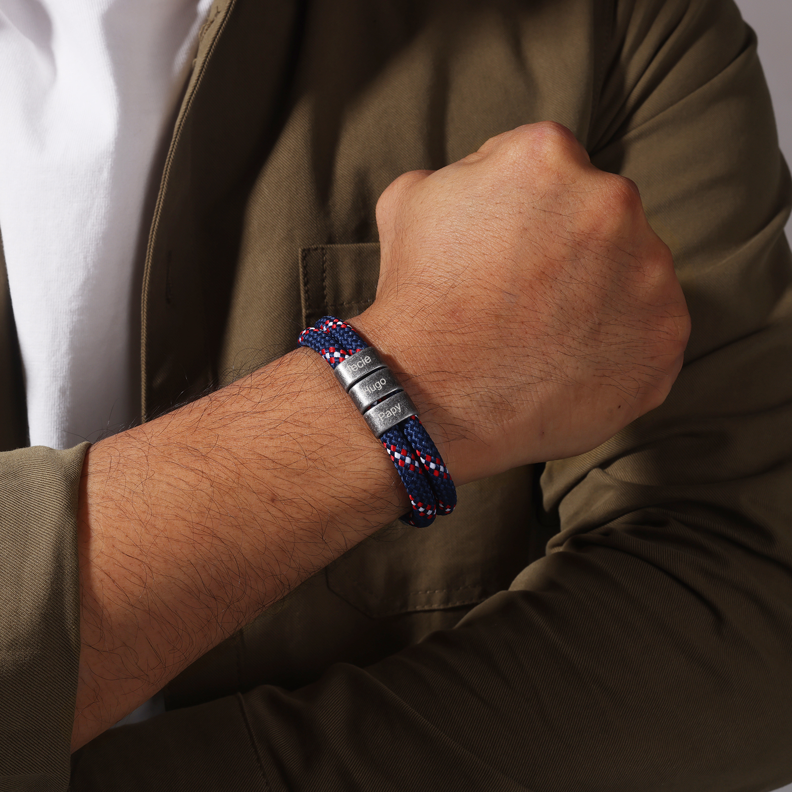 2-4 Nombres Personalizados Pulsera de Cuerda Azul Marino con Rojo y Blanco Aros de Acero Inoxidable-Jessemade ES