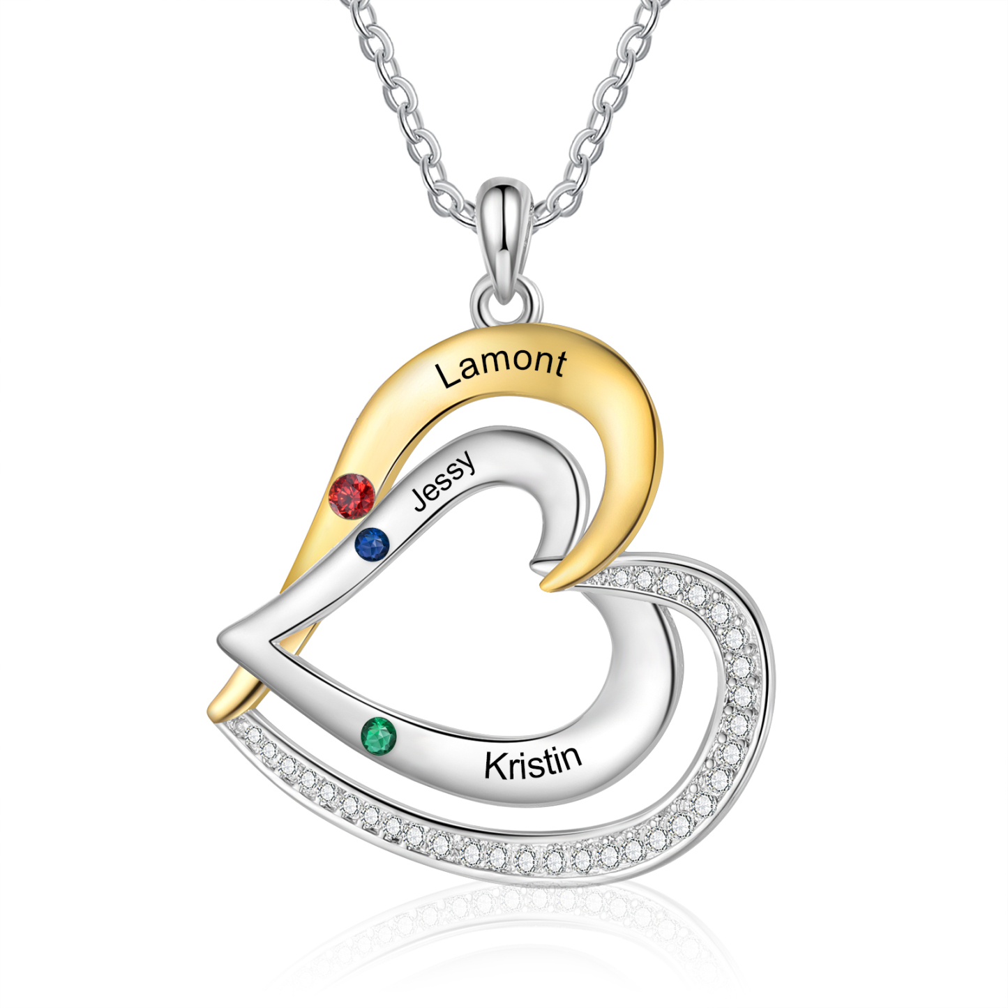 Collar de corazón de plata 925 con 3 nombres y piedras de nacimiento personalizado-Jessemade ES