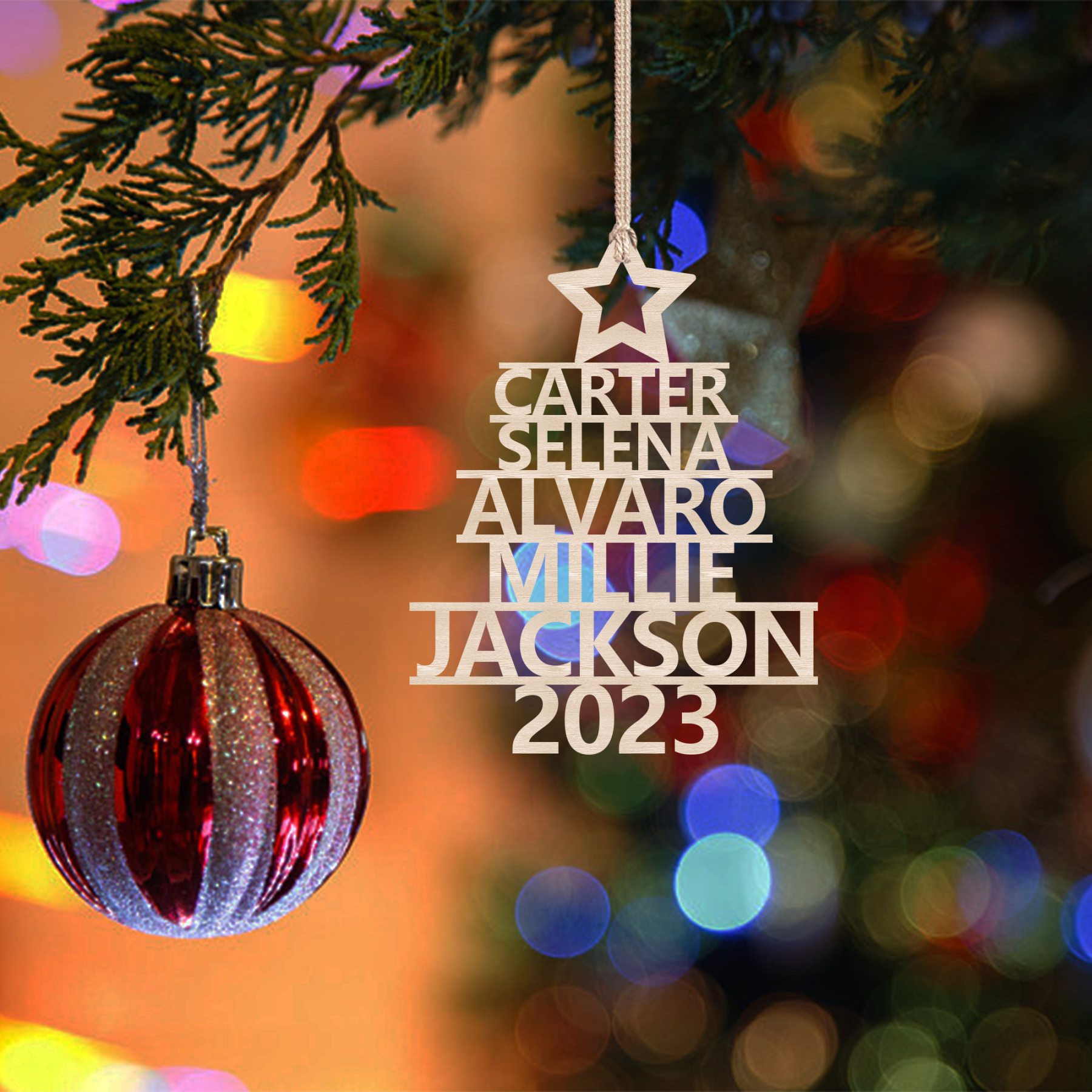 Navidad-Ornamento navideño de madera árbol de nombres con 5 nombres y año personalizados