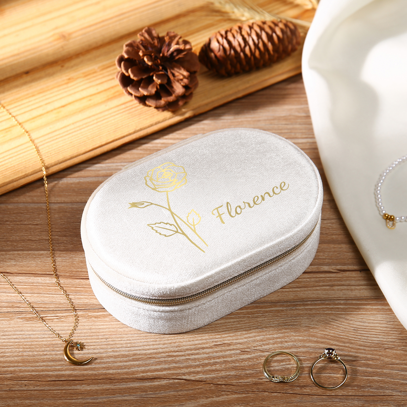 Caja de regalo para joya personalizada con nombre y flor de nacimiento-Jessemade ES