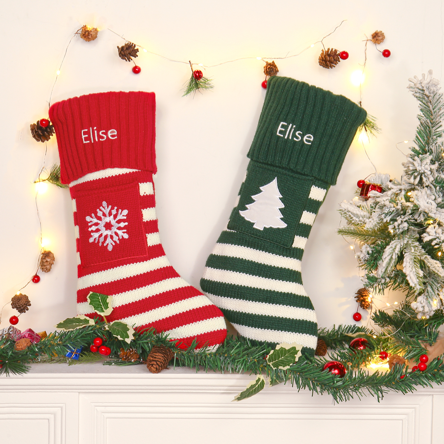 Adornos de medias navideñas con árbol o nieve Bolsa de regalo 1 Nombre personalizado-Jessemade ES