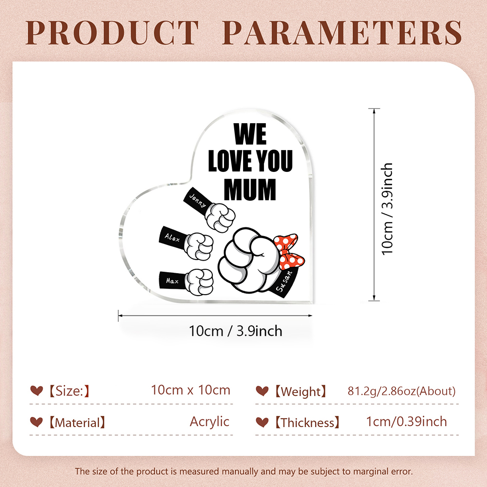 A mi mamá/abuela-Placa de acrílico "Puños" en forma de corazón 4 nombres y 1 texto personalizados-Jessemade ES
