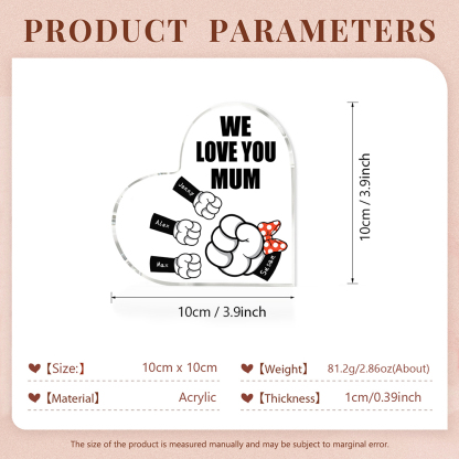 A mi mamá/abuela-Placa de acrílico "Puños" en forma de corazón 4 nombres y 1 texto personalizados-Jessemade ES