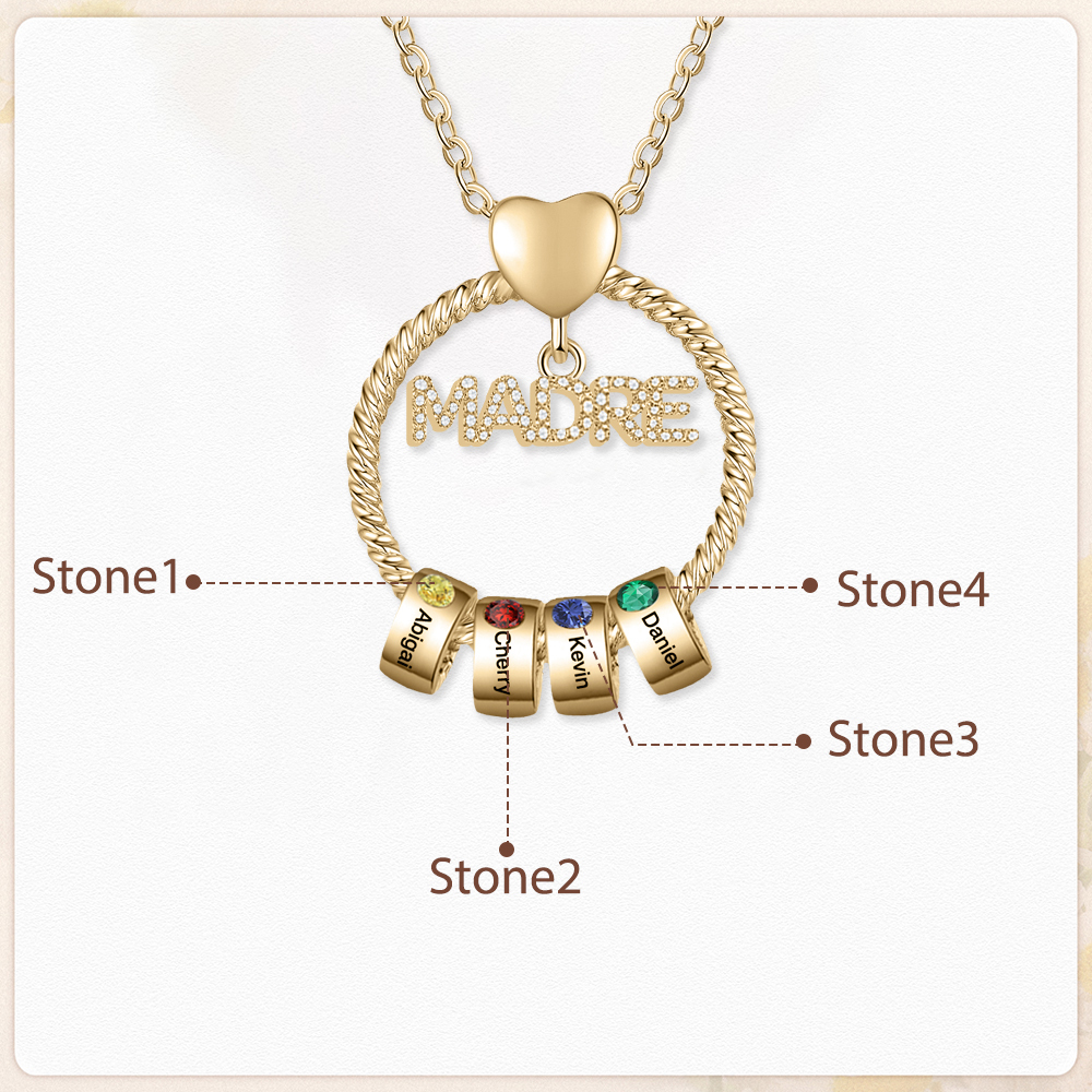 Collar con colgante de "MADRE" con 4 nombres y 4 piedras de nacimiento personalizados | Jessemade-Jessemade ES