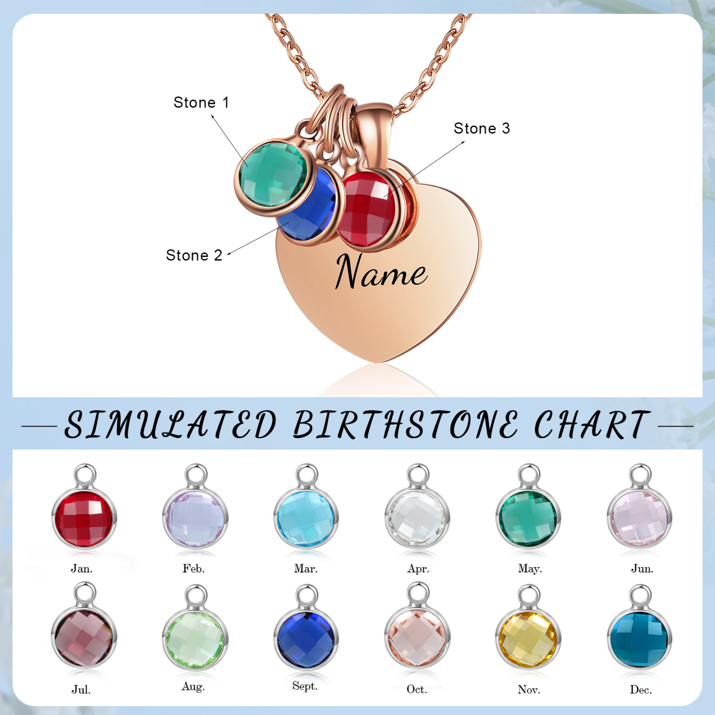 Collar de corazón con 1-3 colgantes de piedras de nacimiento con 1 nombre-Jessemade ES