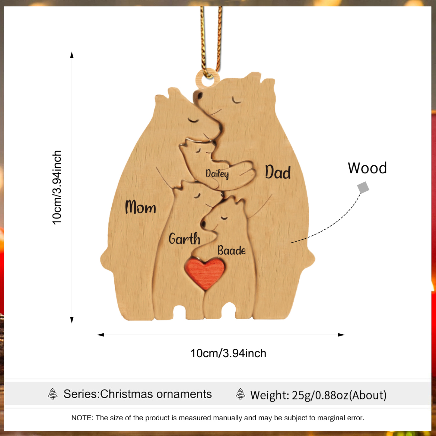 Navidad-Ornamento muñecos navideño de madera familia de canguros 5 nombres personalizados adorno del árbol-Jessemade ES