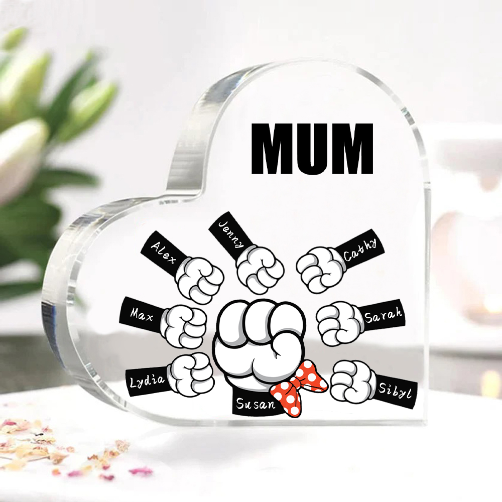 A mi mamá/abuela-Placa de acrílico "Puños" en forma de corazón 8 nombres y 1 texto personalizados-Jessemade ES