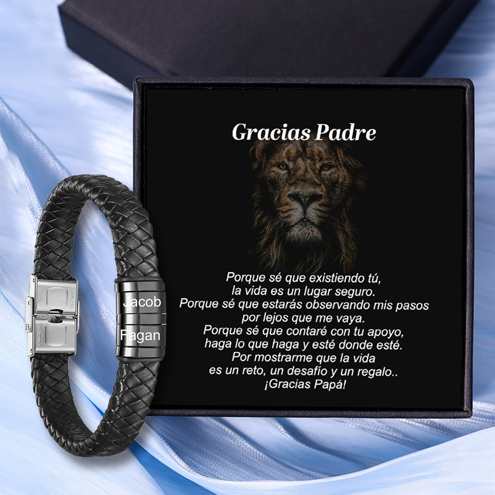 A MI PAPÁ-Pulsera de cuero trenzado de hombre con 2 perlas personalizadas con 2 nombres-Jessemade ES
